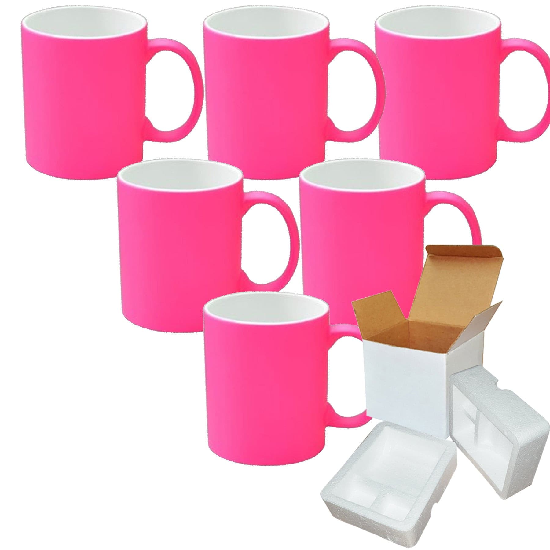 6-Pack of 11oz Pink Fluorescent Neon Sublimation Mugs with Foam Support and Shipping Boxes.